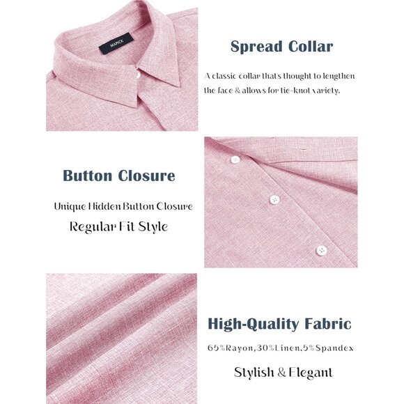 Men's Pink Linen Short Sleeve Button Down Casual Shirt Business Dress - Picture 5 of 6